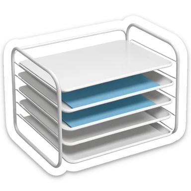 A minimal, clean emoji-style illustration of a white metal desk paper organizer tray, shown in slight isometric view so its structure is readable at a small scale. The organizer is rectangular with rounded corners, made of thin white metal wires, forming two to three stacked horizontal slots.
 sticker