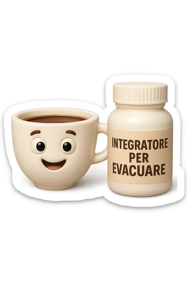 EMOJI STILE IPHONE 3D DI un caffè e di una boccetta di integratore con la scritta "INTEGRATORE PER EVACUARE" SULL'ETICHETTA, iperrealistico 4k sticker