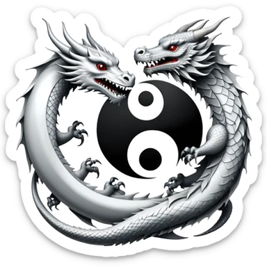 An icon symbolizing Eastern martial arts in the style of an emblem, featuring a black-and-white Yin-Yang symbol and a dragon at the center, surrounded by elements like a dojo. Transparent background highlights balance and power. sticker