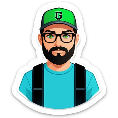 A man with a grey baseball cap, green eyes, big dark brown beard and glasses, gamers headset sticker