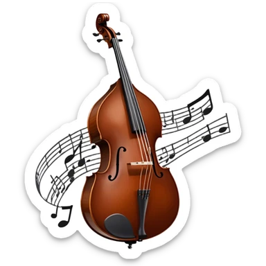 Create an elegant and detailed emoji representing a Gliga Gama double bass with bow. The design should showcase the large, sleek body of the double bass with its rich wood finish, including the characteristic curves and deep tone holes. The bow should be elegantly positioned next to the instrument, highlighting the hair and smooth wooden stick. Use warm wood tones like chestnut brown for the body of the bass, silver accents for the fittings, and dark brown for the bow. Add subtle musical notes or sound waves flowing from the bass to represent its deep, resonant sound. The background should be transparent. sticker