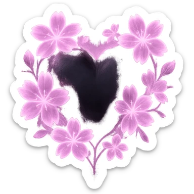 goth sakura heart, soft glow, black heart with luminous pink sakura, ethereal and dreamy sticker