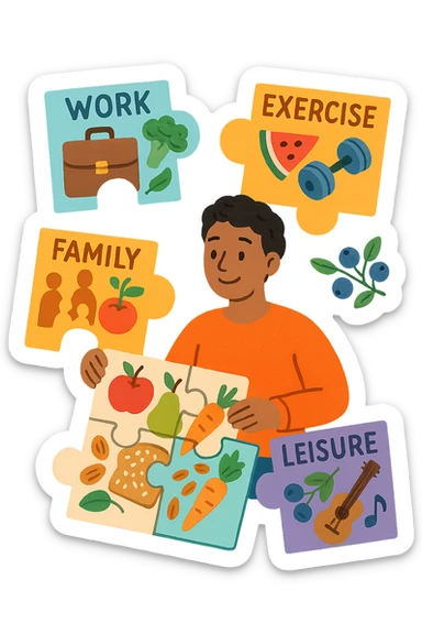 a person is surrounded by puzzle pieces, each representing a different aspect of their life (work, exercise, family, leisure), and healthy foods are integrated into each piece. The person assembles the puzzle, creating a complete, personalized nutrition plan. The mood is uplifting and creative. sticker