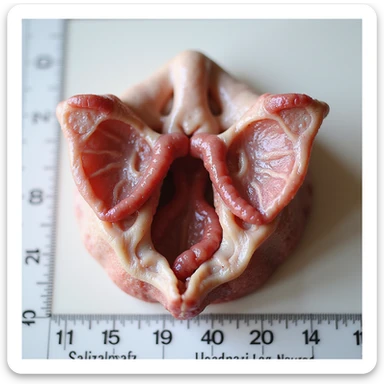 Pig thyroid gland, anatomical view, isolated on white background, hyperrealistic 4K, with a ruler for scale, clear anatomical details sticker