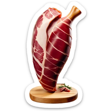 _cinematic-realistic-spanish-ham-leg,-depicted-as-a-massive,-cured-leg-of-jamón-serrano-(ham)-with-a-deep-reddish-brown-hue on the outside,-intricately-marbled-and-slightly-glossy-with-age,-elegantly-displayed-on-a-rustic-wooden-stand-and-bathed-in-warm - jamon prosciutto sticker