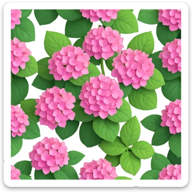 pink hydrangea flower with green leaves, iOS 3D style, detailed and realistic yet stylized, rounded petals, lush foliage sticker