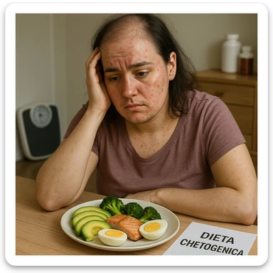 hyperrealistic 4K image of a woman with PCOS sitting at a table, face with acne and chin hair, thinning hair, ketogenic plate in front, hand holding her head, disappointed look, sheet with the text 'DIETA CHETOGENICA', weighing scale and supplements in the background, realistic domestic environment. sticker