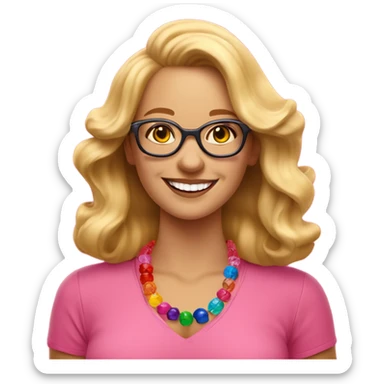  cheerful woman with wavy blonde hair and glasses, wearing a pink shirt and colorful beaded necklace, smiling brightly against a vibrant red background." sticker