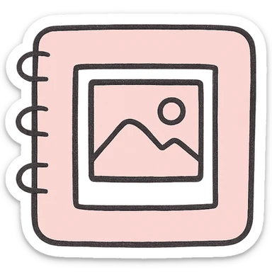 soft and cute gallery photo album icon, pink theme, Japanese hand-drawn style, transparent background, for mobile home screen sticker