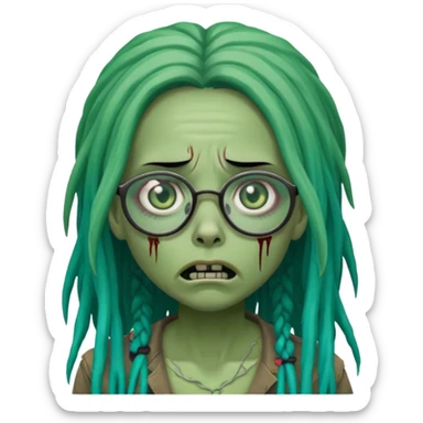 One female green-skinned, zombie with glasses, with ombre black & teal long dreadlocks and a worried expression with a small wound near its mouth. sticker