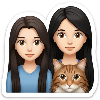 A beautiful white girl with long black hair and  a brown long haired tabby sticker