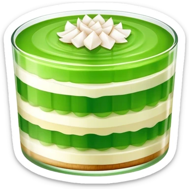 Coconut Pandan Jelly Cinematic Realistic Coconut Pandan Jelly Dessert Emoji, depicted as a layered jelly with distinct strata of coconut and pandan flavors, rendered with delicate textures and vibrant, tropical lighting. sticker