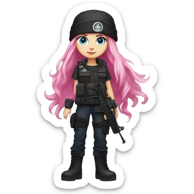girl, white skin, tactical vest, dark pants, long pink hair, blue eyes, black beanie hat with crescent moon on front, black combat boots, gun sticker