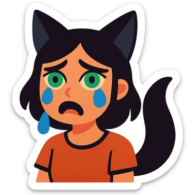 A girl with tears, black fox ears, and a tail, green eyes, dark hair sticker