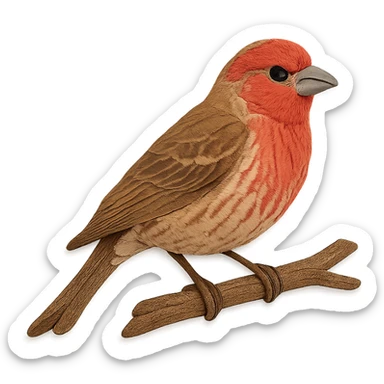 very detailed house finch perched on a tree branch, intricate cut paper textures, red head and chest, brown streaked body sticker