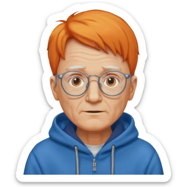 old man, orange hair, no mustache, wearing glasses, long face, wearing a blue hoodie sticker