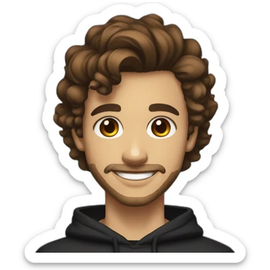 young man with short beard smiling medium long wavy rockabilly style brown hair with light skin and dark brown eyes wearing black sweatshirt hoodie sticker