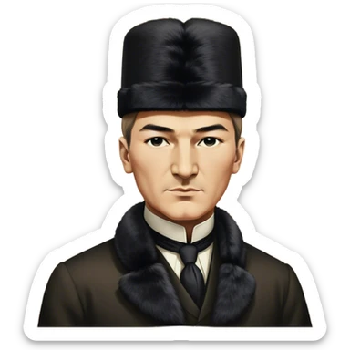 ​Cinematic Realistic Portrait of a Young Mustafa Kemal Atatürk, depicted wearing an iconic tall black fur hat along with traditional attire, his confident, visionary expression illuminated by warm, inspiring lighting, rendered with rich historical textures that capture his youthful dynamism and transformative leadership, sticker