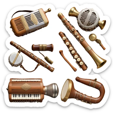 Create a colorful and cultural humanless emoji representing folk singing. The design should feature a collage of flowing design around a vintage microphone and traditional folk instruments, such as a wooden flute (dudka), a button accordion (harmon), a set of gusli, and a tambourine (buben), all arranged in a harmonious. The instruments should have earthy, natural tones like wood browns, brass accents, and vibrant colors reflecting their folk origins. Add subtle musical notes to tie the elements together, symbolizing the power of folk music. The background should be transparent. sticker