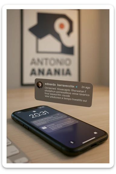 A photo of an iPhone with the message "Antonio Anania" on its screen, The phone sits atop a desk with a blurred background that suggests work environment. A faint glow from above casts gentle shadows across the surface of each object, creating depth and highlighting their textures. sticker