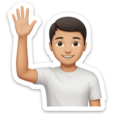 joven bronceado pelo oscuro muy cortito polera blanca sonrisa bonita saludando mano arriba sticker