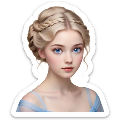Cinematic Realistic Cinderella Portrait, depicted with lifelike skin texture, subtle rosy undertones, and soft natural lighting that enhances the gentle contours of her face. Her intricately detailed golden blonde hair is elegantly styled in an updo, with delicate wisps framing her face for added realism. Her deep, expressive blue eyes radiate warmth and sincerity, reflecting a quiet resilience and grace. She is dressed in her iconic ball gown, the fabric shimmering with intricate embroidery and fine translucent layers that catch the light beautifully. The soft sheen of satin gloves and the delicate sparkle of a glass-like slipper peeking from beneath her dress add a touch of magical realism. The portrait features an enchanting glow with a natural, luminous finish, seamlessly blending realism and fairytale charm to evoke a sense of depth, elegance, and timeless beauty. sticker