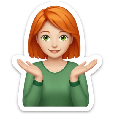 woman with green eyes and orange hair putting her pis on her shoulders (pose) happily  sticker
