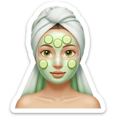 "Aesthetic digital emoji of a young woman with a white towel wrap, green facial mask, and cucumber slices over her eyes, with a soft glow and subtle shading, pastel spa background." sticker