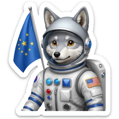 a wolf in space suit, holding blue rectangle flag sticker