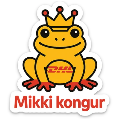 royal frog in DHL Express colors wearing a crown with the text 'Mikki kongur' in a bold friendly font, modern clean icon style sticker