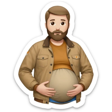 Bearded man rubbing pregnant belly poking out of shirt wearing a tan canvas carhartt jacket sticker