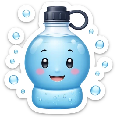 Cute Kawaii Water Bottle, round and bubbly, soft blue with tiny water droplets around, a happy smiling face, gentle glowing highlights, fresh and refreshing vibes! sticker