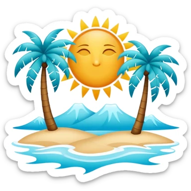 Minimalist sun and palm tree outline icon, thin contour, monoline vector, premium tropical travel emoji, aqua teal and ice blue, transparent background, 512x512 sticker