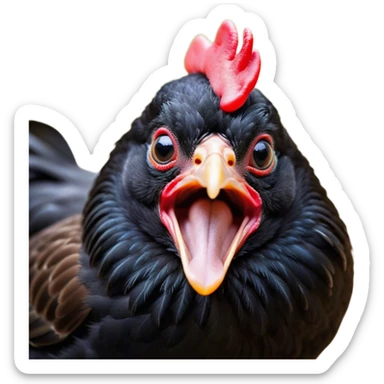 Cinematic Cute Yawning Black Chicken Portrait Emoji, Head tilted slightly with a dramatic, wide-open yawn, showcasing a soft, glossy black plumage with subtle hints of iridescence and a distinctive red comb, floppy wings slightly drooping, round beady eyes barely open in drowsy contentment, Simplified yet irresistibly adorable features, highly detailed, glowing with a soft, cozy glow, high shine, relaxed yet expressive, stylized with a touch of whimsy, bright and endearing, soft glowing outline, capturing the essence of a sleepy yet affectionate chicken, so drowsy it feels like it could stretch out of the screen and curl up for a nap! sticker