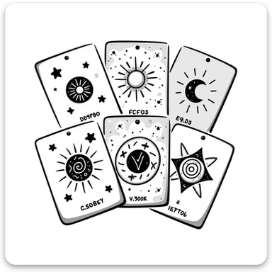 Mystical tarot cards arranged in a fan or spread pattern with celestial and mystical symbols. Using specific pastel colors (dd9fb0, ffc6d3, a3bfc9, c4bee2, f1b091). Hand-drawn doodle style with intricate details of cards showing symbols like sun, moon, stars. Transparent background. sticker