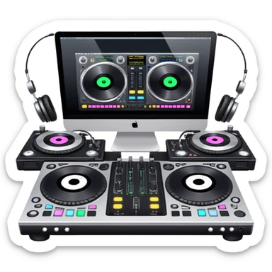 Create a professional and technical emoji that represents remixing music. The design should feature a high-end DJ controller, turntables with vinyl records, and a sound mixing console with faders to symbolize the technical aspects of remixing. Include elements like studio headphones and a laptop or digital audio workstation (DAW) screen to reflect the tools used in music production. Use colors like black, silver, and neon accents to convey the professional, high-tech nature of remixing. The background should be transparent. sticker