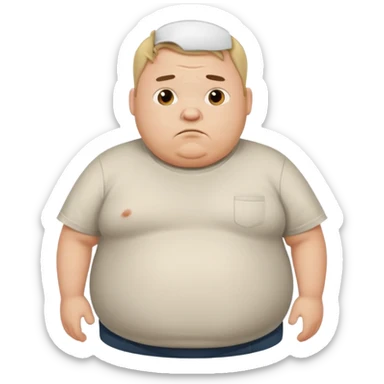 a cartoon fat man holding his stomach wearing t shirt, while looking confused? dont show nipples and person holding stomach sticker