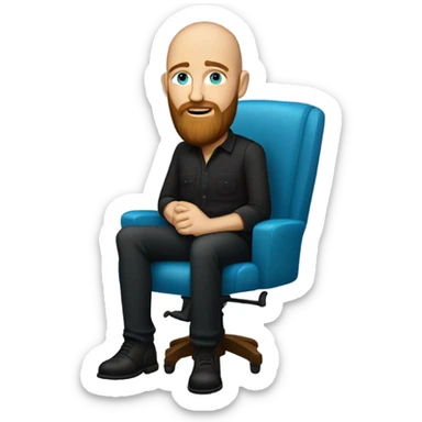 Bald, Caucasian, sky-blue-eyed, Psychotherapist in a modern colorful chair. He has a brown full beard and he’s Wearing a black dress shirt with a subtle pattern, blue jeans and black Chelsea boots with his legs separted leaning forward  sticker