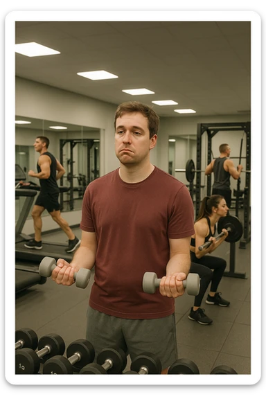 Uomo in palestra moderna, vestito con abbigliamento sportivo, mentre solleva manubri molto leggeri con espressione annoiata o poco coinvolta. Intorno a lui, altri atleti si allenano intensamente. Il suo fisico appare poco sviluppato o non in progresso. Atmosfera statica, senza sudore o fatica visibile, specchi puliti e attrezzi poco usati. Luce artificiale da palestra, ambiente pulito ma scena visivamente 'vuota' di sforzo sticker