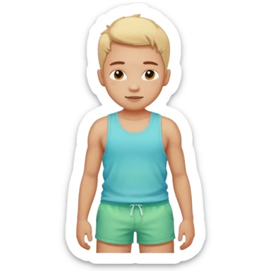 Emoji-style person in beach shorts with sunburned shoulders and chest, tank top outline, cute rounded features, soft shading, vibrant colors sticker