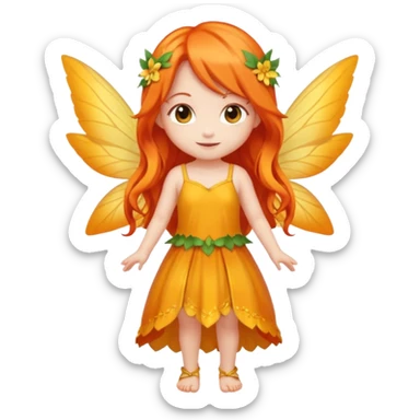 fairy with long orange hair, yellow wings, red dress, happy, chibi full body sticker