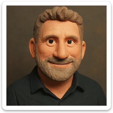 Create a claymation-style portrait emoji based on the person in the reference image, looking a bit younger with a friendly expression. Use pastel colors and ensure visible clay texture. Focus on head and shoulders only. sticker