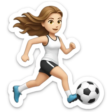 Caucasian girl with brown long hair running with a soccer ball wearing White short and black shorts sticker