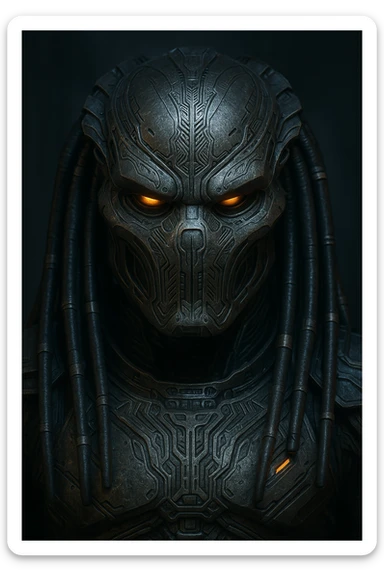 Yautja (Predator) mask with a calm, stoic expression, detailed sci-fi design sticker
