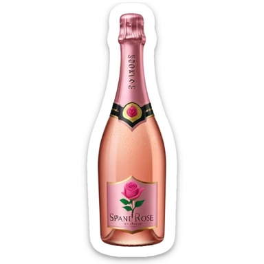 bottle of sparkling rosé champagne with a rose logo on the label, tilted up and to the right, no glass sticker