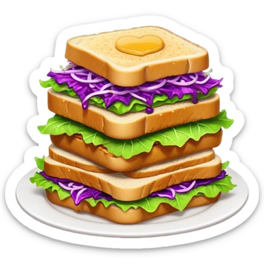 Spicy stacked chicken sandwich — two thick golden toast slices, a crispy breaded chicken fillet, green lettuce, and purple cabbage slaw, with glossy dark sauce dripping down the sides. sticker