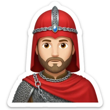 Russian prince Alexander Nevsky in chain mail and with red mantle and with Rus helmet and beard sticker