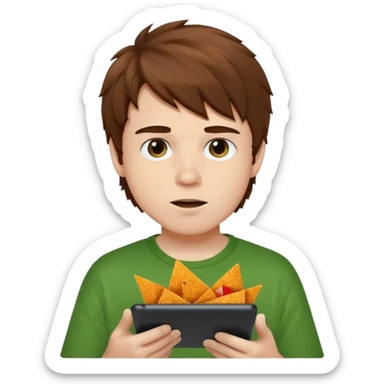 A white boy with messy brown hair eating Doritos while gaming on a green ipad sticker
