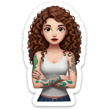 full body view of a woman with long curly brown hair, brown eyes, white skin, tattoos, arms crossed, eyebrow raised, neon forest chaos behind her sticker