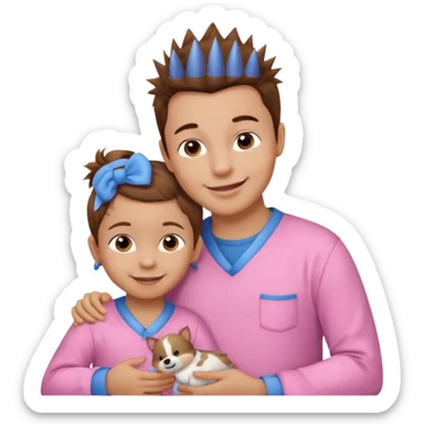 A smaller toddler girl with brown hair with her hair up, wearing pink pajamas and a bigger 4 year old boy with spikey brown hair, wearing blue pajamas. Both light skin and smiling.  sticker